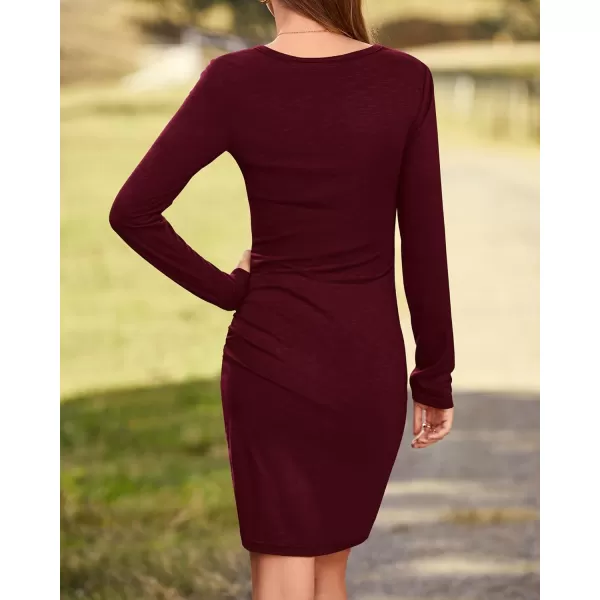 BTFBM Women Fashion Ruched Elegant Bodycon Long Sleeve Wrap Front Solid Color Casual Basic Fitted Short DressesWine Red