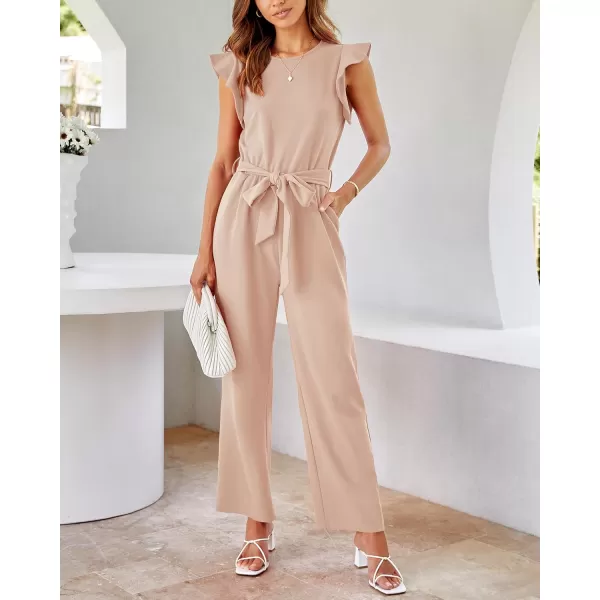 BTFBM Women Jumpsuits Crew Neck Ruffle Cap Sleeve Belted High Waist Wide Leg Romper with Pockets One Piece Casual OutfitsSolid Apricot