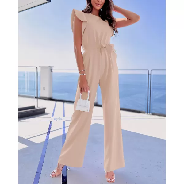BTFBM Women Jumpsuits Crew Neck Ruffle Cap Sleeve Belted High Waist Wide Leg Romper with Pockets One Piece Casual OutfitsSolid Apricot