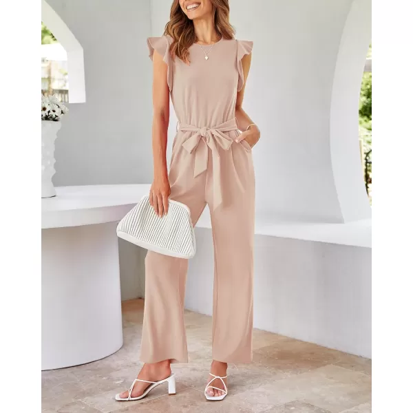 BTFBM Women Jumpsuits Crew Neck Ruffle Cap Sleeve Belted High Waist Wide Leg Romper with Pockets One Piece Casual OutfitsSolid Apricot