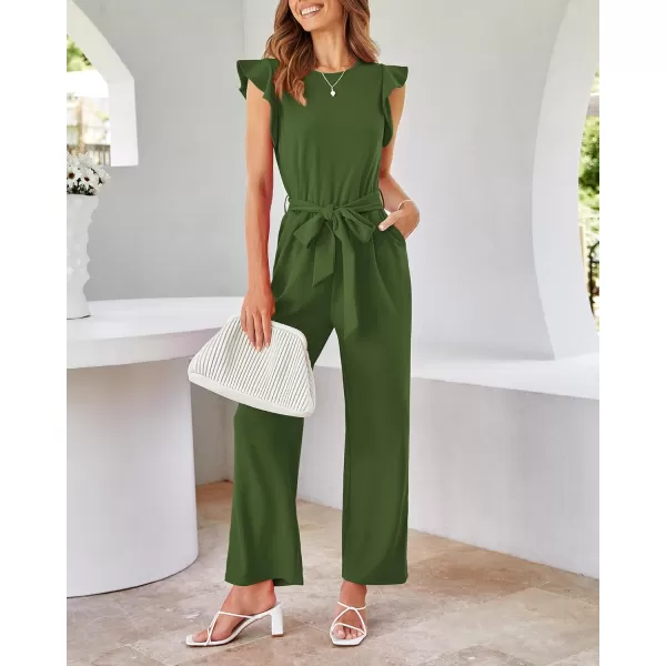 BTFBM Women Jumpsuits Crew Neck Ruffle Cap Sleeve Belted High Waist Wide Leg Romper with Pockets One Piece Casual OutfitsSolid Army Green