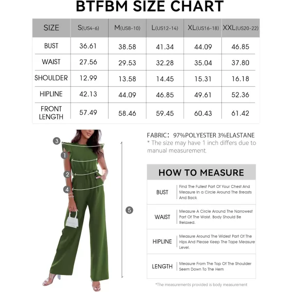 BTFBM Women Jumpsuits Crew Neck Ruffle Cap Sleeve Belted High Waist Wide Leg Romper with Pockets One Piece Casual OutfitsSolid Army Green