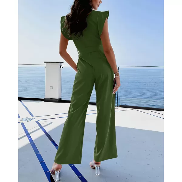 BTFBM Women Jumpsuits Crew Neck Ruffle Cap Sleeve Belted High Waist Wide Leg Romper with Pockets One Piece Casual OutfitsSolid Army Green