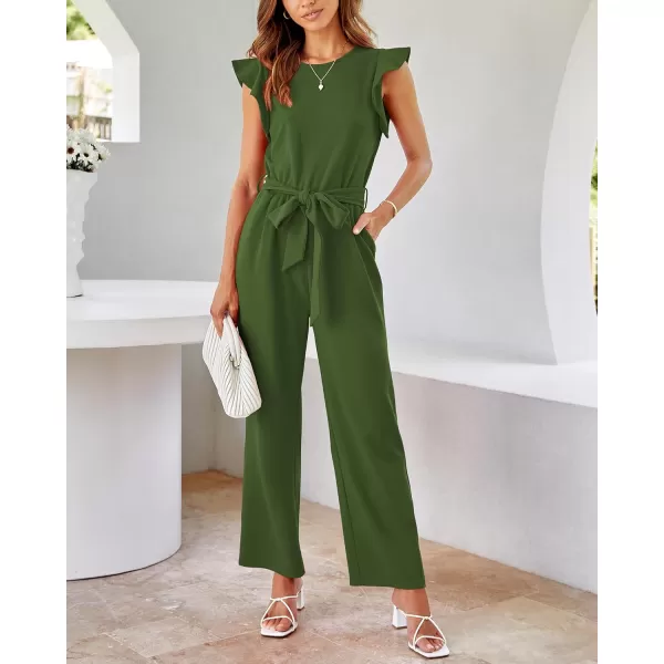 BTFBM Women Jumpsuits Crew Neck Ruffle Cap Sleeve Belted High Waist Wide Leg Romper with Pockets One Piece Casual OutfitsSolid Army Green
