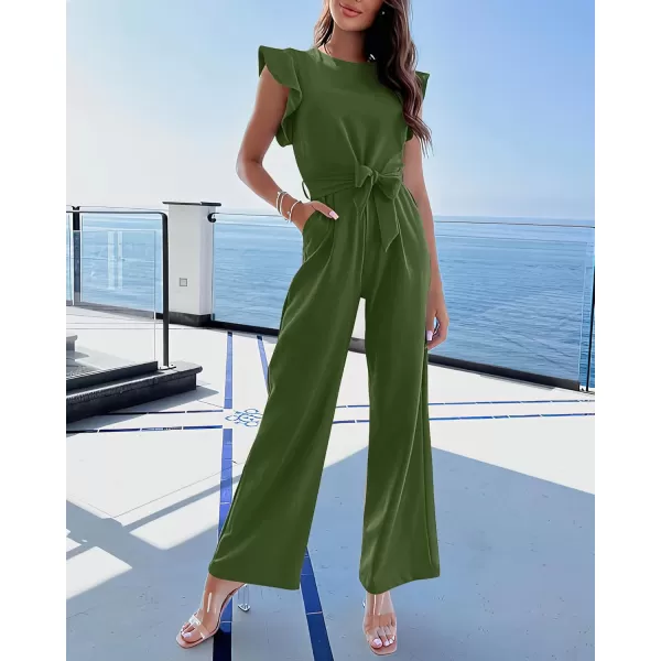 BTFBM Women Jumpsuits Crew Neck Ruffle Cap Sleeve Belted High Waist Wide Leg Romper with Pockets One Piece Casual OutfitsSolid Army Green
