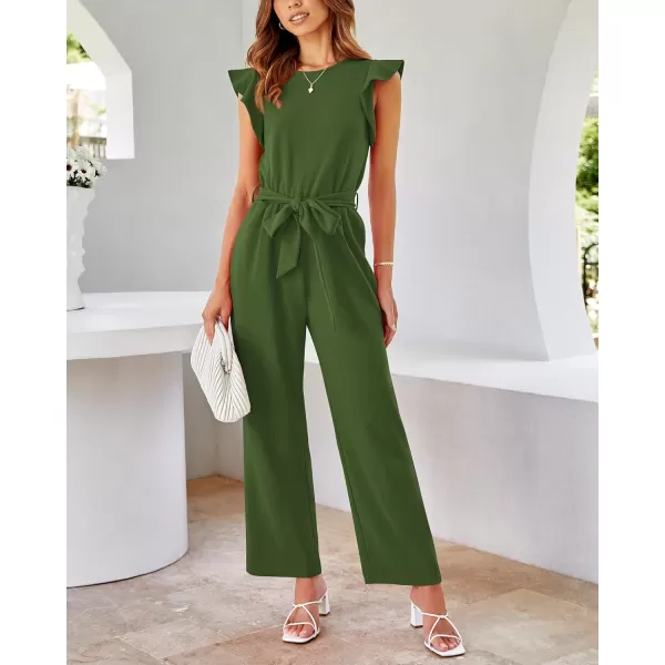 BTFBM Women Jumpsuits Crew Neck Ruffle Cap Sleeve Belted High Waist Wide Leg Romper with Pockets One Piece Casual OutfitsSolid Army Green