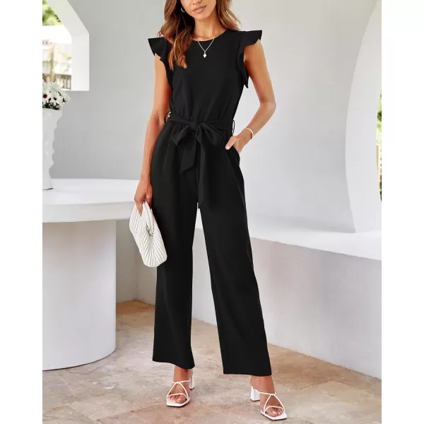 BTFBM Women Jumpsuits Crew Neck Ruffle Cap Sleeve Belted High Waist Wide Leg Romper with Pockets One Piece Casual OutfitsSolid Black