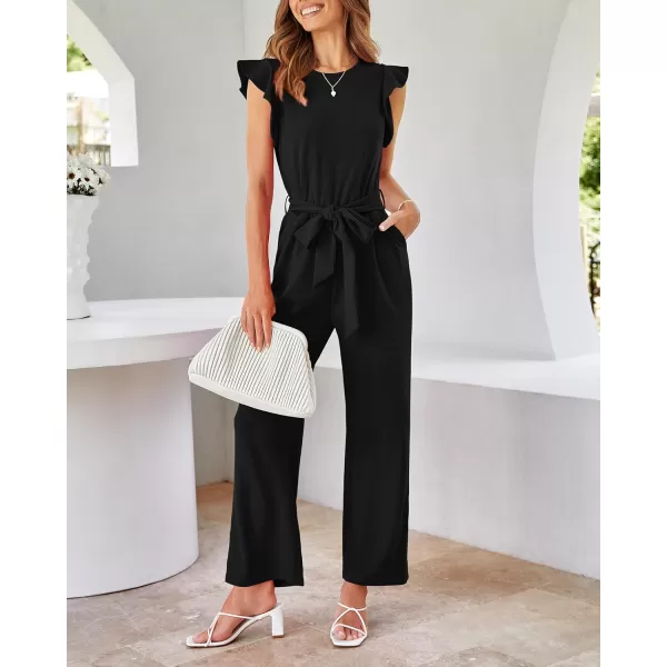 BTFBM Women Jumpsuits Crew Neck Ruffle Cap Sleeve Belted High Waist Wide Leg Romper with Pockets One Piece Casual OutfitsSolid Black
