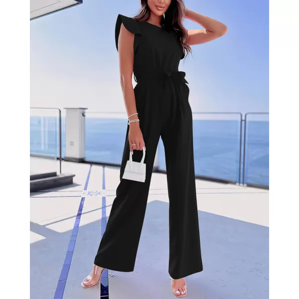 BTFBM Women Jumpsuits Crew Neck Ruffle Cap Sleeve Belted High Waist Wide Leg Romper with Pockets One Piece Casual OutfitsSolid Black