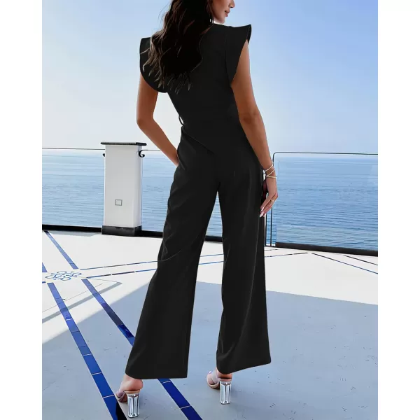 BTFBM Women Jumpsuits Crew Neck Ruffle Cap Sleeve Belted High Waist Wide Leg Romper with Pockets One Piece Casual OutfitsSolid Black