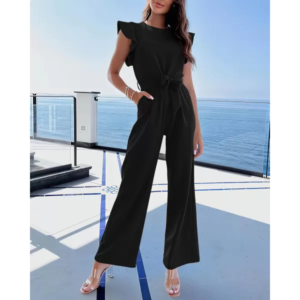BTFBM Women Jumpsuits Crew Neck Ruffle Cap Sleeve Belted High Waist Wide Leg Romper with Pockets One Piece Casual OutfitsSolid Black