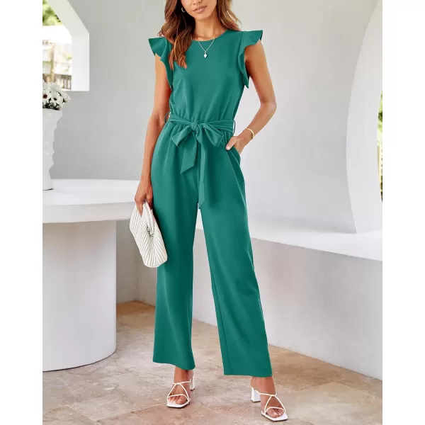 BTFBM Women Jumpsuits Crew Neck Ruffle Cap Sleeve Belted High Waist Wide Leg Romper with Pockets One Piece Casual OutfitsSolid Blue Green