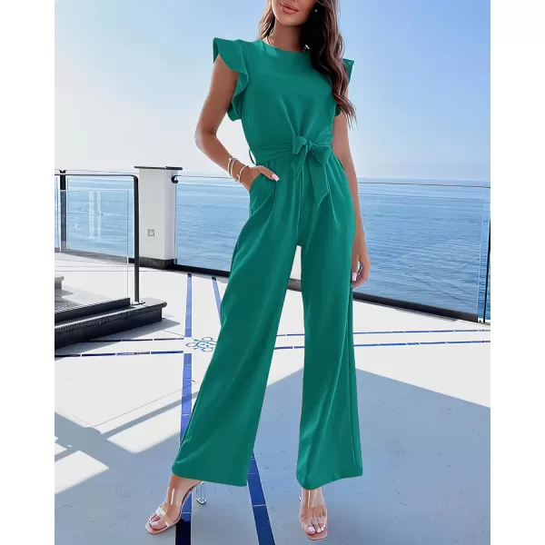 BTFBM Women Jumpsuits Crew Neck Ruffle Cap Sleeve Belted High Waist Wide Leg Romper with Pockets One Piece Casual OutfitsSolid Blue Green