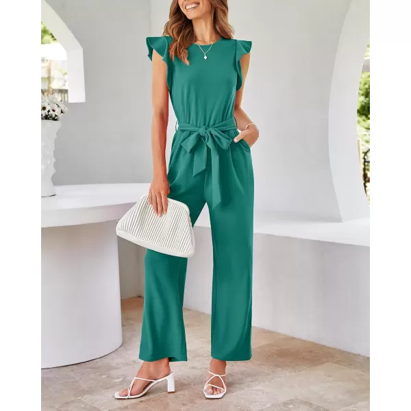 BTFBM Women Jumpsuits Crew Neck Ruffle Cap Sleeve Belted High Waist Wide Leg Romper with Pockets One Piece Casual OutfitsSolid Blue Green