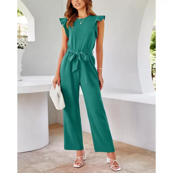 BTFBM Women Jumpsuits Crew Neck Ruffle Cap Sleeve Belted High Waist Wide Leg Romper with Pockets One Piece Casual OutfitsSolid Blue Green