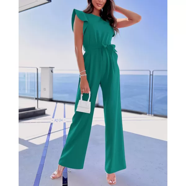 BTFBM Women Jumpsuits Crew Neck Ruffle Cap Sleeve Belted High Waist Wide Leg Romper with Pockets One Piece Casual OutfitsSolid Blue Green