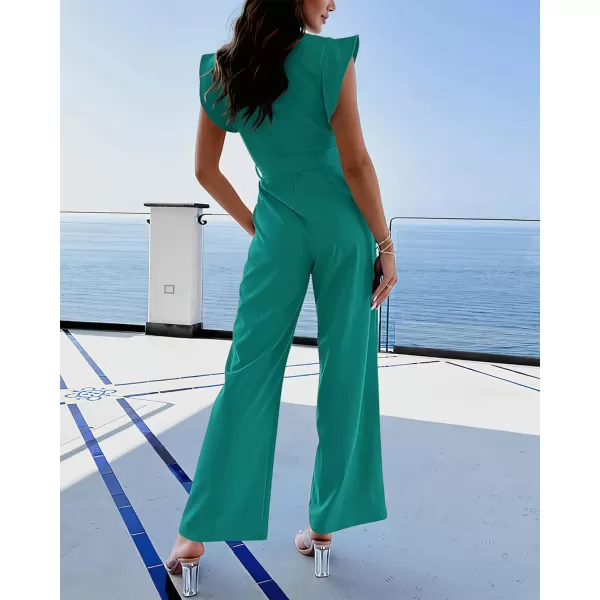 BTFBM Women Jumpsuits Crew Neck Ruffle Cap Sleeve Belted High Waist Wide Leg Romper with Pockets One Piece Casual OutfitsSolid Blue Green
