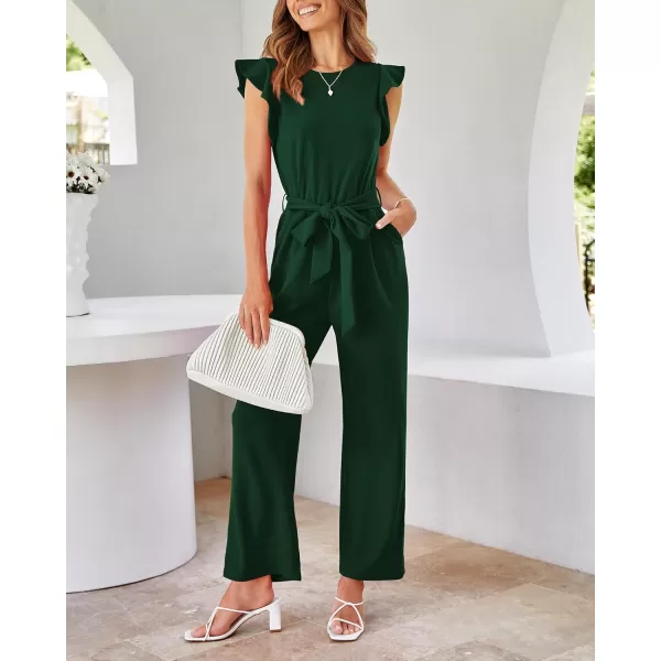 BTFBM Women Jumpsuits Crew Neck Ruffle Cap Sleeve Belted High Waist Wide Leg Romper with Pockets One Piece Casual OutfitsSolid Dark Green
