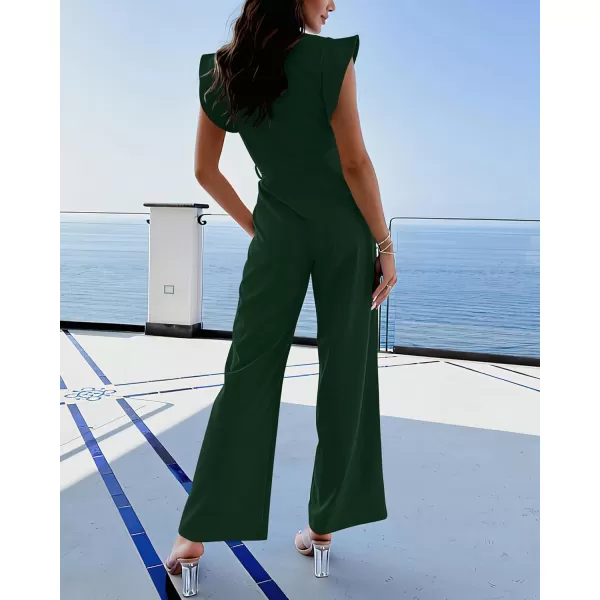 BTFBM Women Jumpsuits Crew Neck Ruffle Cap Sleeve Belted High Waist Wide Leg Romper with Pockets One Piece Casual OutfitsSolid Dark Green