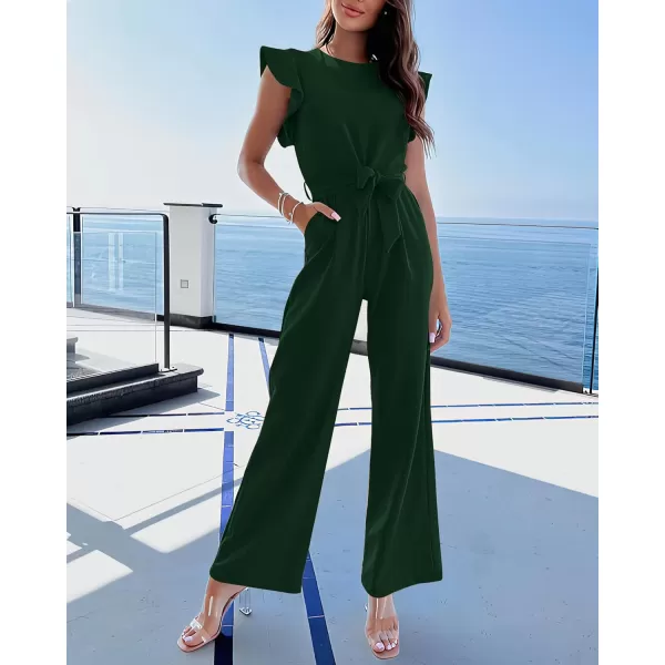 BTFBM Women Jumpsuits Crew Neck Ruffle Cap Sleeve Belted High Waist Wide Leg Romper with Pockets One Piece Casual OutfitsSolid Dark Green