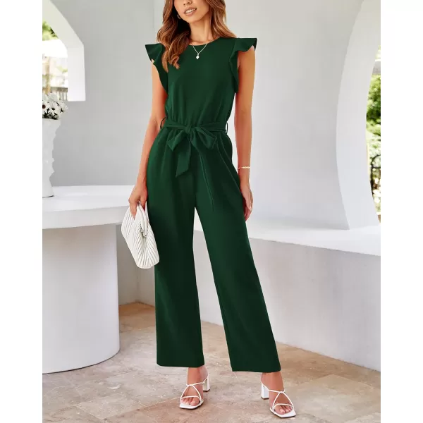 BTFBM Women Jumpsuits Crew Neck Ruffle Cap Sleeve Belted High Waist Wide Leg Romper with Pockets One Piece Casual OutfitsSolid Dark Green