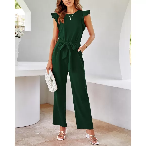 BTFBM Women Jumpsuits Crew Neck Ruffle Cap Sleeve Belted High Waist Wide Leg Romper with Pockets One Piece Casual OutfitsSolid Dark Green
