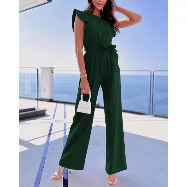 BTFBM Women Jumpsuits Crew Neck Ruffle Cap Sleeve Belted High Waist Wide Leg Romper with Pockets One Piece Casual OutfitsSolid Dark Green