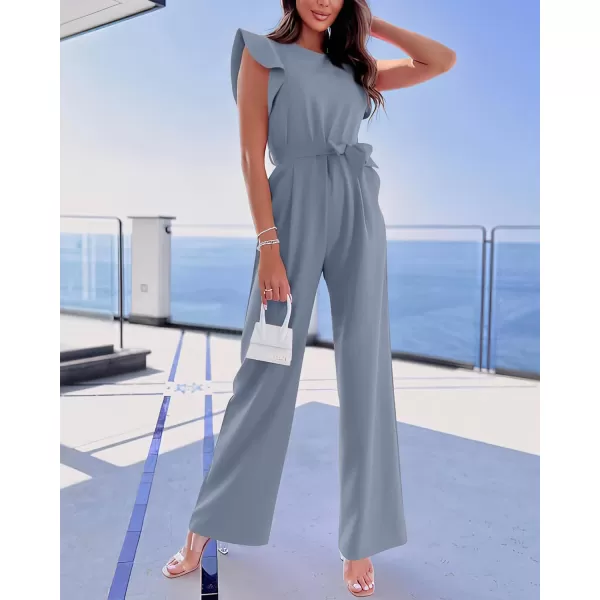 BTFBM Women Jumpsuits Crew Neck Ruffle Cap Sleeve Belted High Waist Wide Leg Romper with Pockets One Piece Casual OutfitsSolid Grey