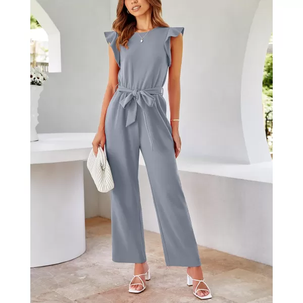 BTFBM Women Jumpsuits Crew Neck Ruffle Cap Sleeve Belted High Waist Wide Leg Romper with Pockets One Piece Casual OutfitsSolid Grey