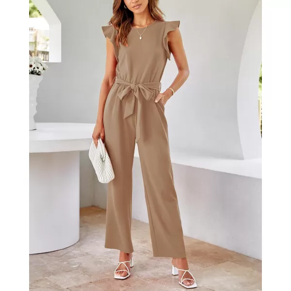 BTFBM Women Jumpsuits Crew Neck Ruffle Cap Sleeve Belted High Waist Wide Leg Romper with Pockets One Piece Casual OutfitsSolid Khaki