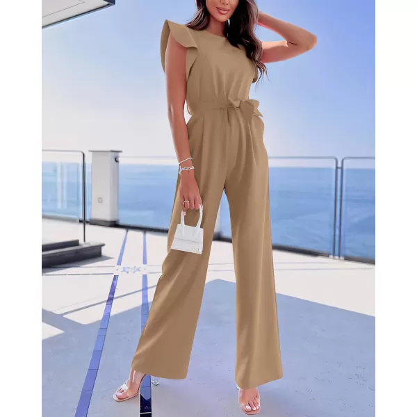 BTFBM Women Jumpsuits Crew Neck Ruffle Cap Sleeve Belted High Waist Wide Leg Romper with Pockets One Piece Casual OutfitsSolid Khaki