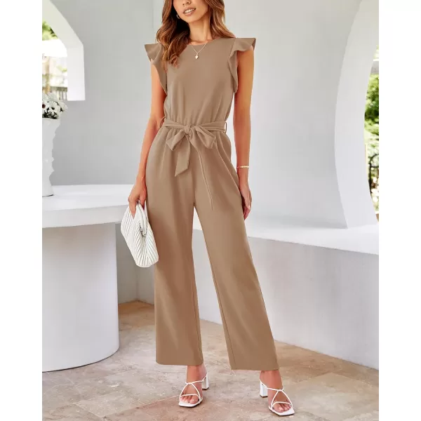 BTFBM Women Jumpsuits Crew Neck Ruffle Cap Sleeve Belted High Waist Wide Leg Romper with Pockets One Piece Casual OutfitsSolid Khaki
