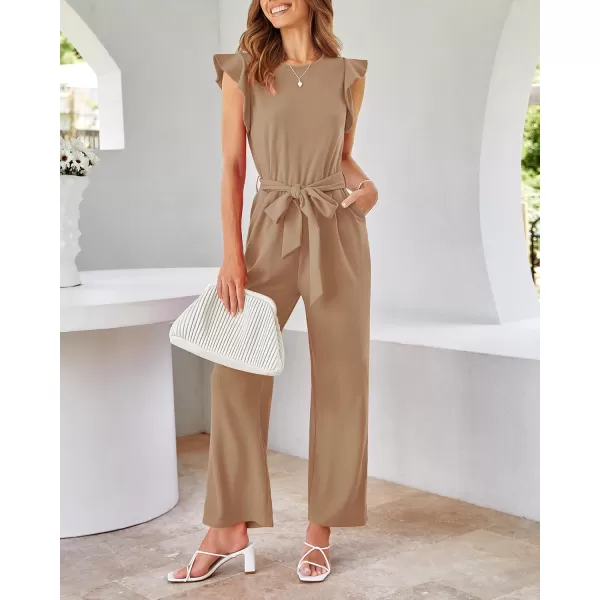 BTFBM Women Jumpsuits Crew Neck Ruffle Cap Sleeve Belted High Waist Wide Leg Romper with Pockets One Piece Casual OutfitsSolid Khaki
