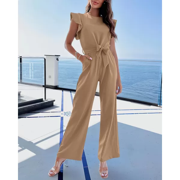 BTFBM Women Jumpsuits Crew Neck Ruffle Cap Sleeve Belted High Waist Wide Leg Romper with Pockets One Piece Casual OutfitsSolid Khaki