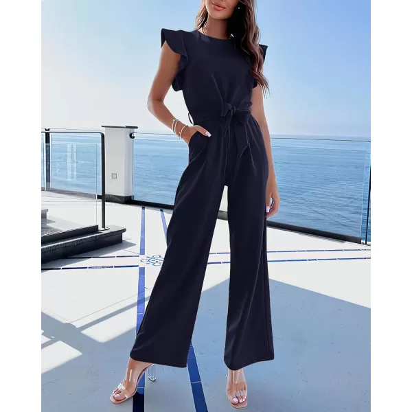 BTFBM Women Jumpsuits Crew Neck Ruffle Cap Sleeve Belted High Waist Wide Leg Romper with Pockets One Piece Casual OutfitsSolid Navy