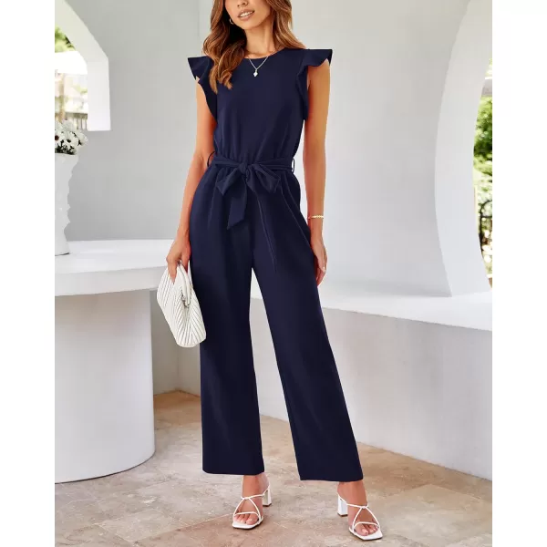 BTFBM Women Jumpsuits Crew Neck Ruffle Cap Sleeve Belted High Waist Wide Leg Romper with Pockets One Piece Casual OutfitsSolid Navy