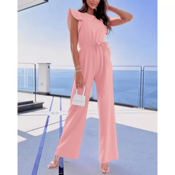 BTFBM Women Jumpsuits Crew Neck Ruffle Cap Sleeve Belted High Waist Wide Leg Romper with Pockets One Piece Casual OutfitsSolid Pink