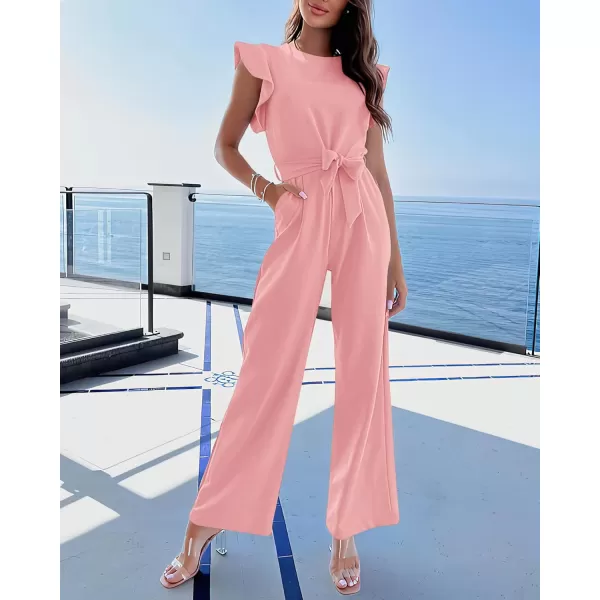 BTFBM Women Jumpsuits Crew Neck Ruffle Cap Sleeve Belted High Waist Wide Leg Romper with Pockets One Piece Casual OutfitsSolid Pink