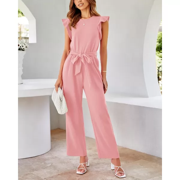 BTFBM Women Jumpsuits Crew Neck Ruffle Cap Sleeve Belted High Waist Wide Leg Romper with Pockets One Piece Casual OutfitsSolid Pink
