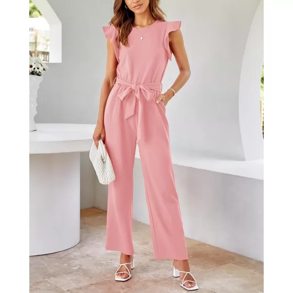 BTFBM Women Jumpsuits Crew Neck Ruffle Cap Sleeve Belted High Waist Wide Leg Romper with Pockets One Piece Casual OutfitsSolid Pink