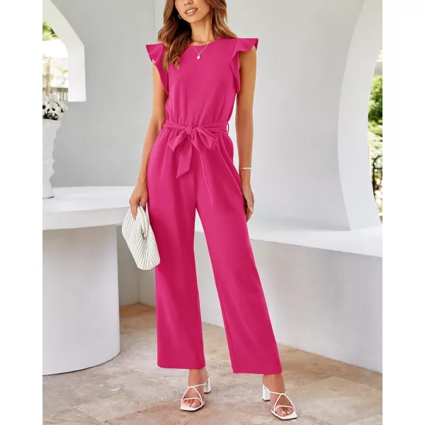 BTFBM Women Jumpsuits Crew Neck Ruffle Cap Sleeve Belted High Waist Wide Leg Romper with Pockets One Piece Casual OutfitsSolid Rose Red