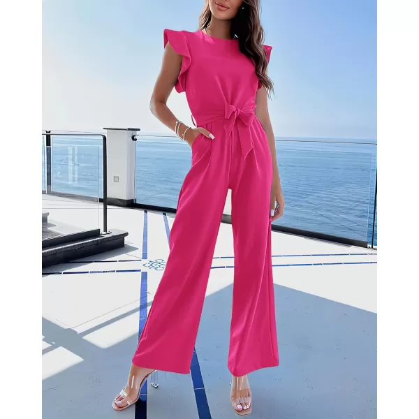 BTFBM Women Jumpsuits Crew Neck Ruffle Cap Sleeve Belted High Waist Wide Leg Romper with Pockets One Piece Casual OutfitsSolid Rose Red