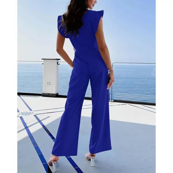 BTFBM Women Jumpsuits Crew Neck Ruffle Cap Sleeve Belted High Waist Wide Leg Romper with Pockets One Piece Casual OutfitsSolid Royal Blue