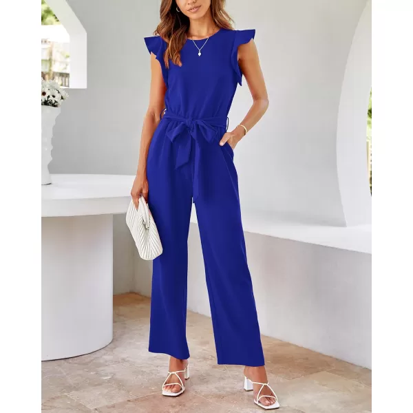 BTFBM Women Jumpsuits Crew Neck Ruffle Cap Sleeve Belted High Waist Wide Leg Romper with Pockets One Piece Casual OutfitsSolid Royal Blue