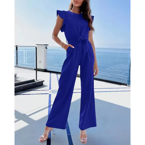 BTFBM Women Jumpsuits Crew Neck Ruffle Cap Sleeve Belted High Waist Wide Leg Romper with Pockets One Piece Casual OutfitsSolid Royal Blue