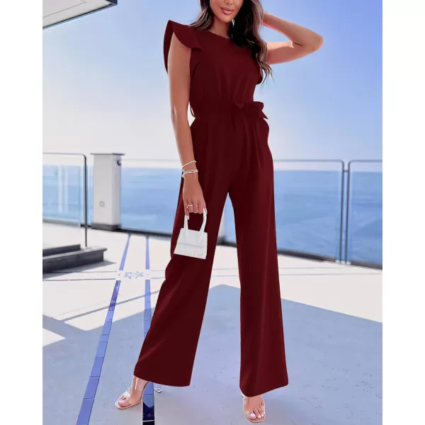 BTFBM Women Jumpsuits Crew Neck Ruffle Cap Sleeve Belted High Waist Wide Leg Romper with Pockets One Piece Casual OutfitsSolid Wine Red