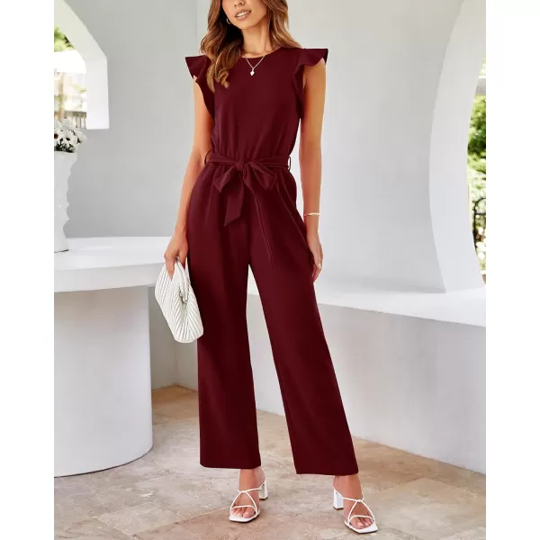 BTFBM Women Jumpsuits Crew Neck Ruffle Cap Sleeve Belted High Waist Wide Leg Romper with Pockets One Piece Casual OutfitsSolid Wine Red