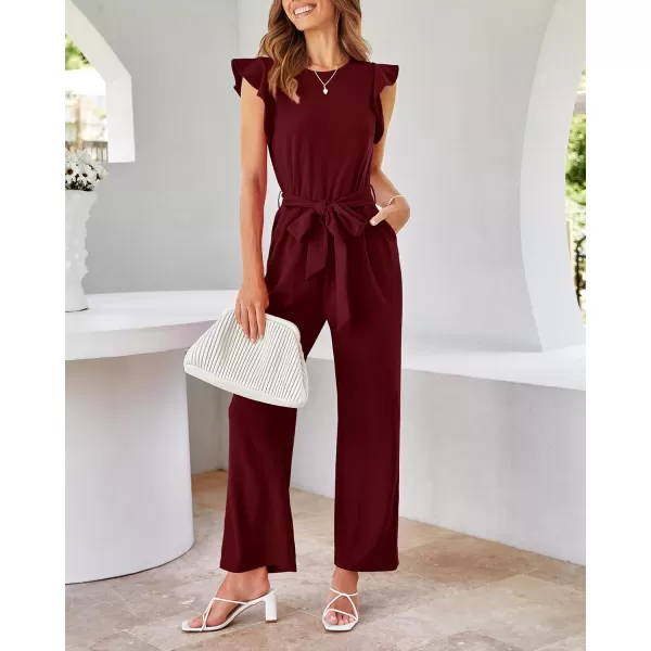 BTFBM Women Jumpsuits Crew Neck Ruffle Cap Sleeve Belted High Waist Wide Leg Romper with Pockets One Piece Casual OutfitsSolid Wine Red