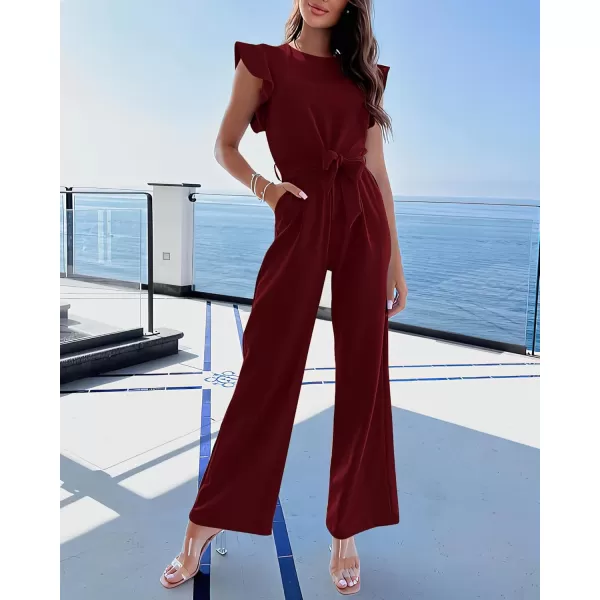 BTFBM Women Jumpsuits Crew Neck Ruffle Cap Sleeve Belted High Waist Wide Leg Romper with Pockets One Piece Casual OutfitsSolid Wine Red