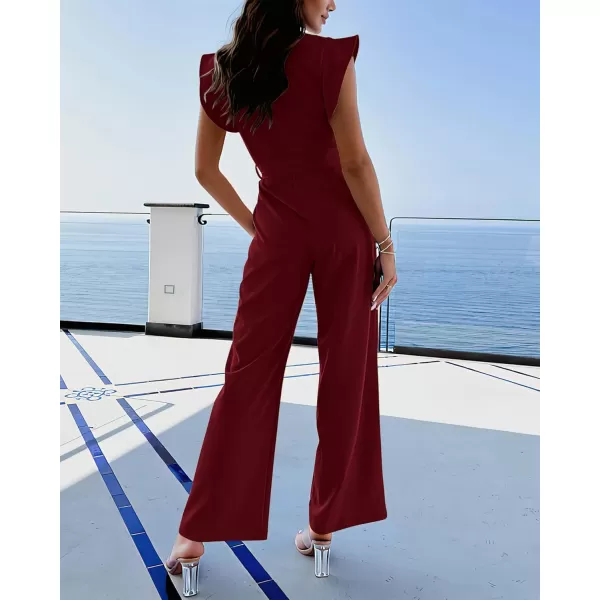 BTFBM Women Jumpsuits Crew Neck Ruffle Cap Sleeve Belted High Waist Wide Leg Romper with Pockets One Piece Casual OutfitsSolid Wine Red